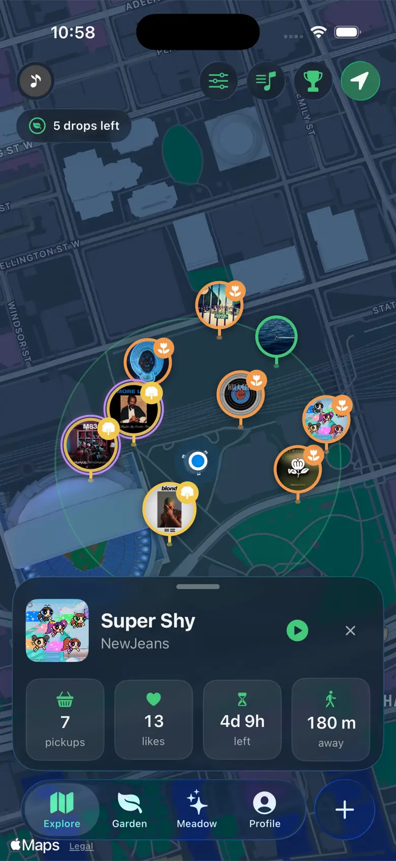 The Meadow map showing nearby songs and a selected seed