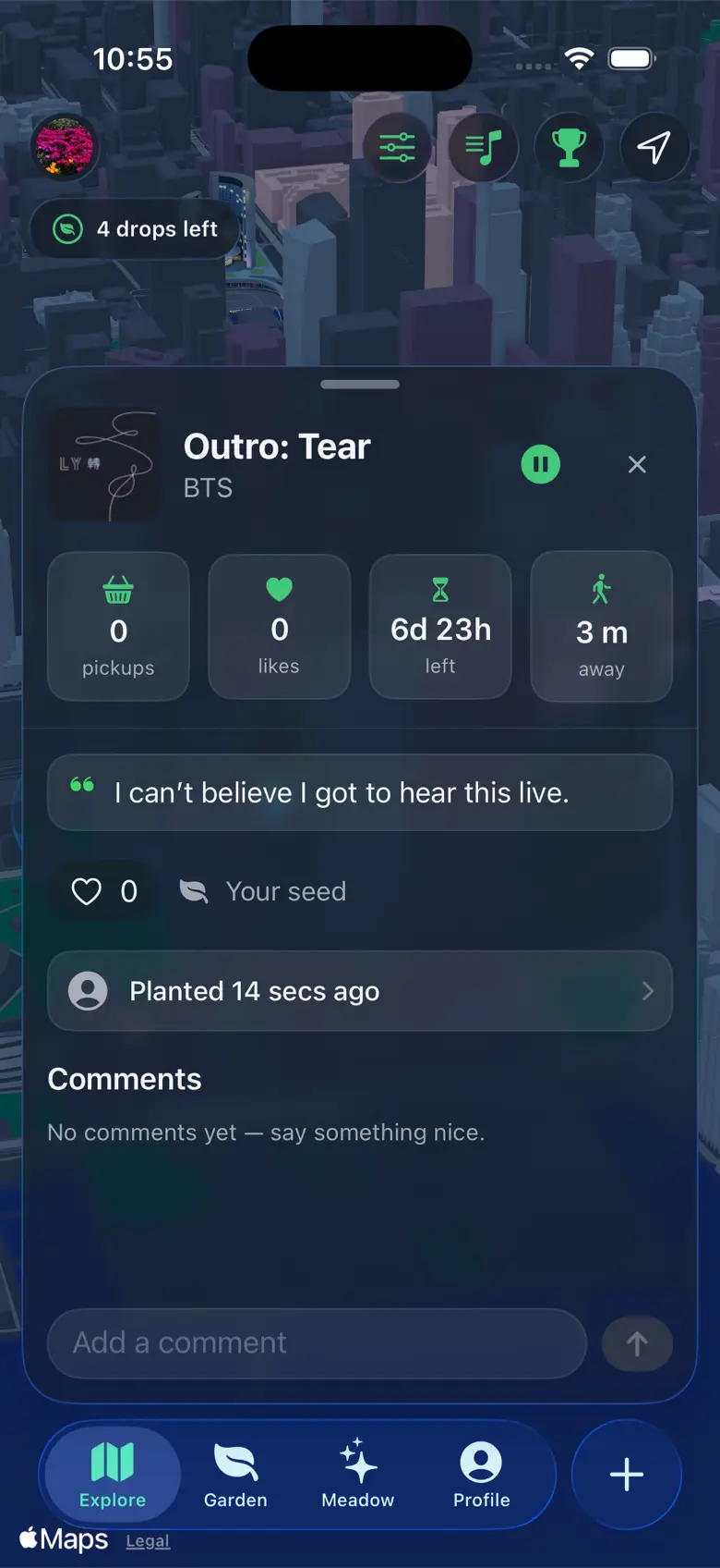 A planted song showing its note, stats and comments