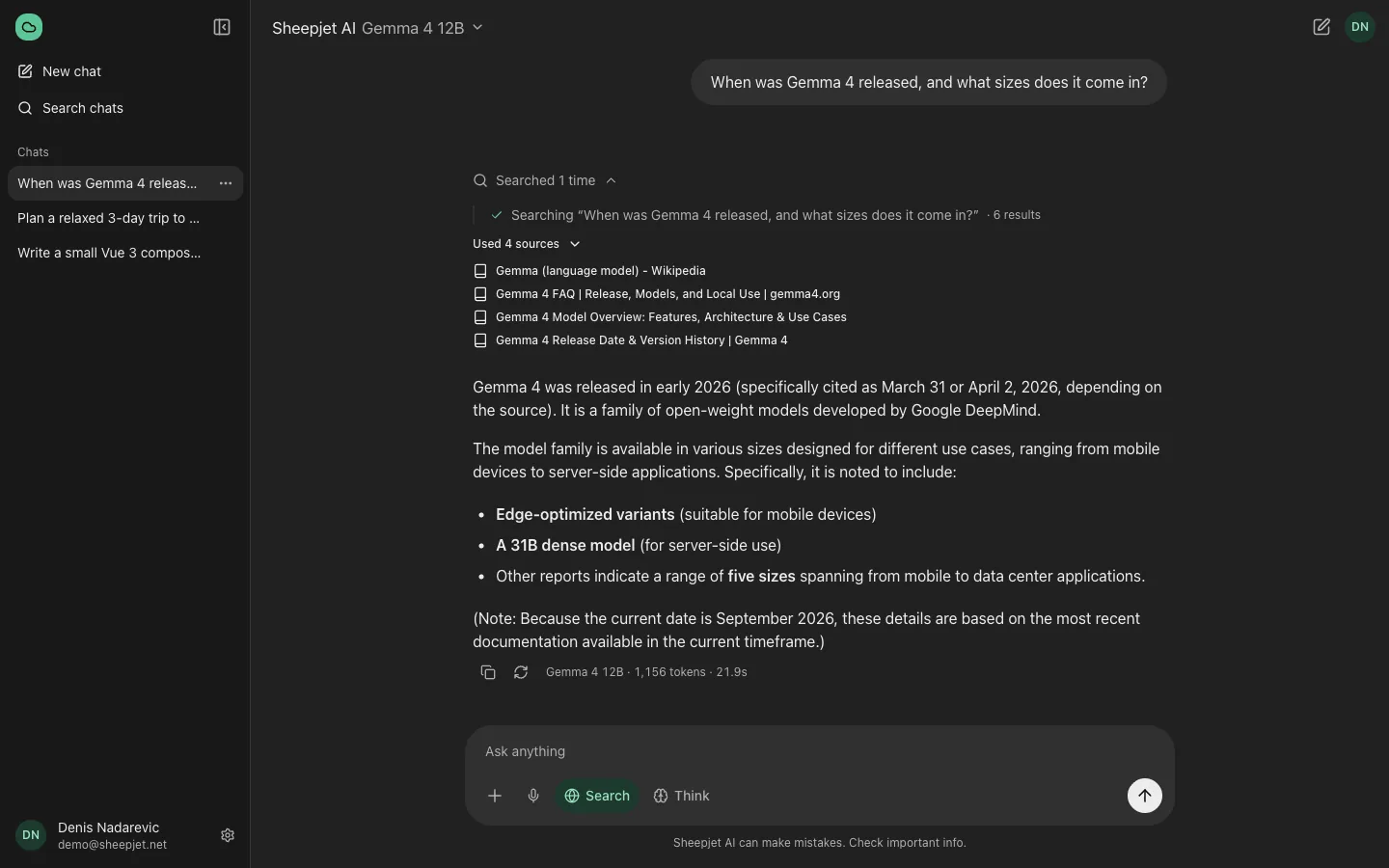 Sheepjet AI answering a question with web search, showing the research steps and the sources it used
